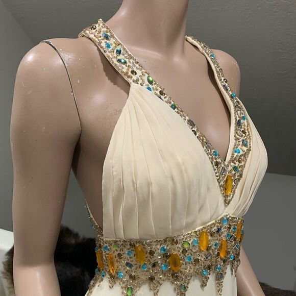 New Sexy V-Neck & Cross Back Beaded Halter Evening Dress - Picture 8 of 16